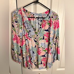 Crown & Ivy Women’s Multicolor Floral V-Neck 3/4 Quarter Sleeves Blouse Size XL